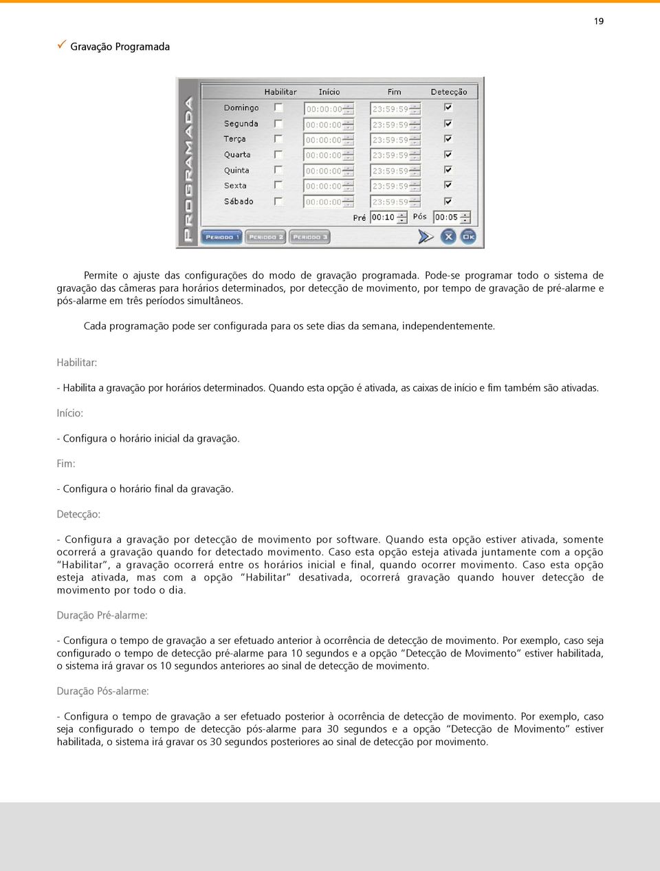 Cada prgramaçã pde ser cnfigurada para s sete dias da semana, independentemente. Habilitar: - Habilita a gravaçã pr hráris determinads.