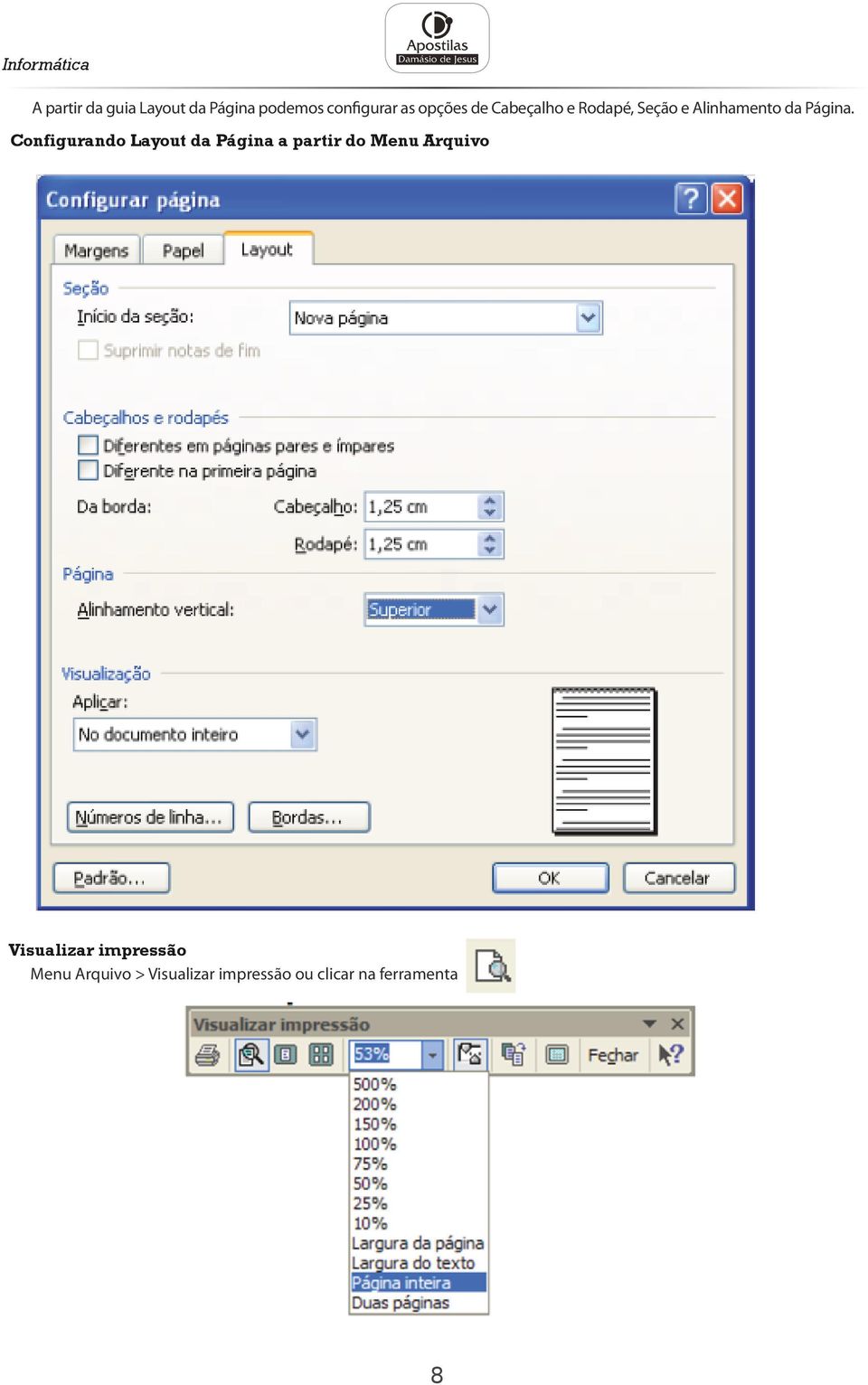 Configurando Layout da Página a partir do Menu Arquivo Visualizar