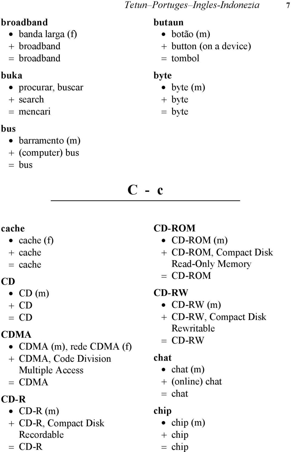 CDMA CDMA (m), rede CDMA (f) CDMA, Code Division Multiple Access CDMA CD-R CD-R (m) CD-R, Compact Disk Recordable CD-R CD-ROM CD-ROM (m)