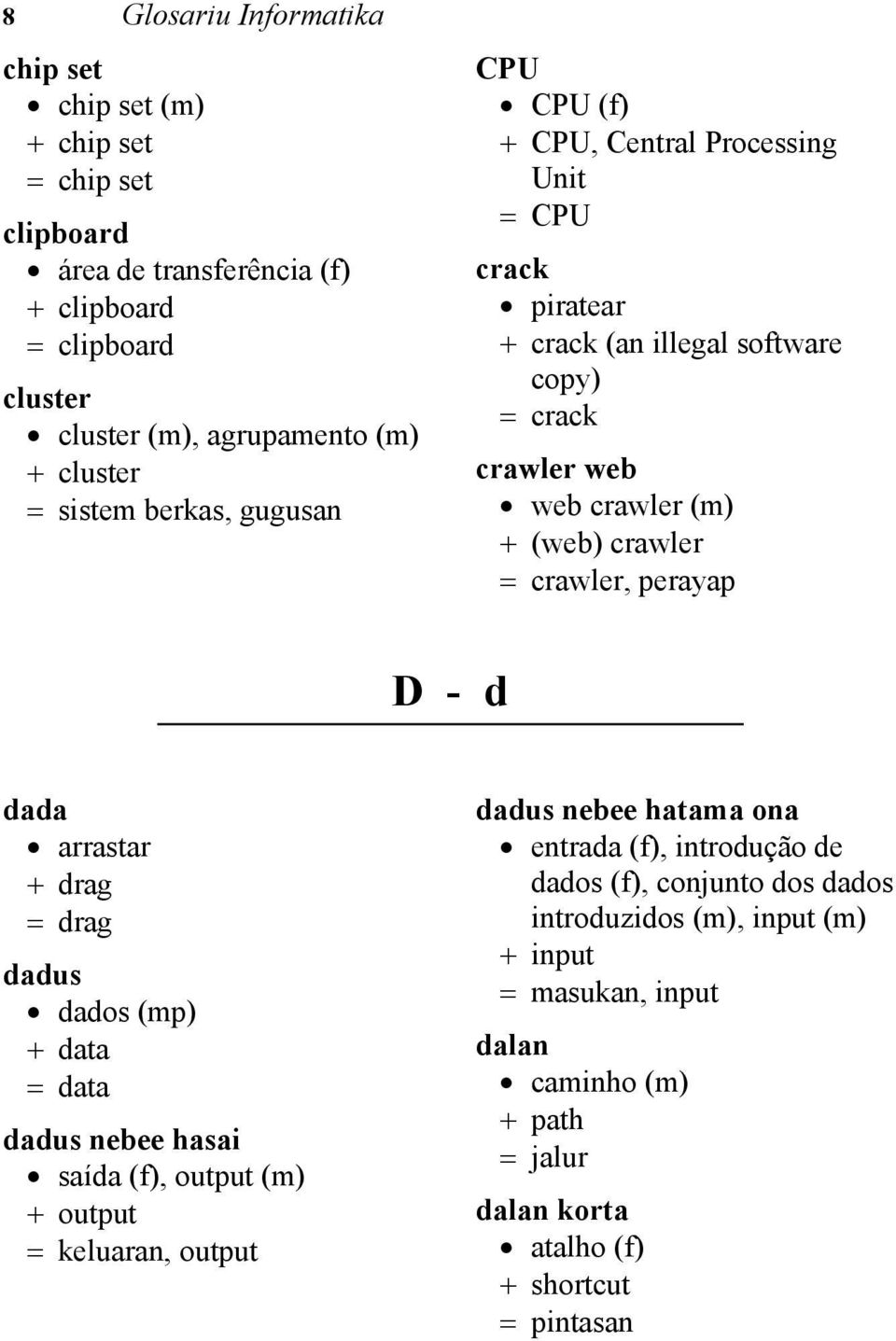 crawler, perayap D - d dada arrastar drag drag dadus dados (mp) data data dadus nebee hasai saída (f), output (m) output keluaran, output dadus nebee hatama ona