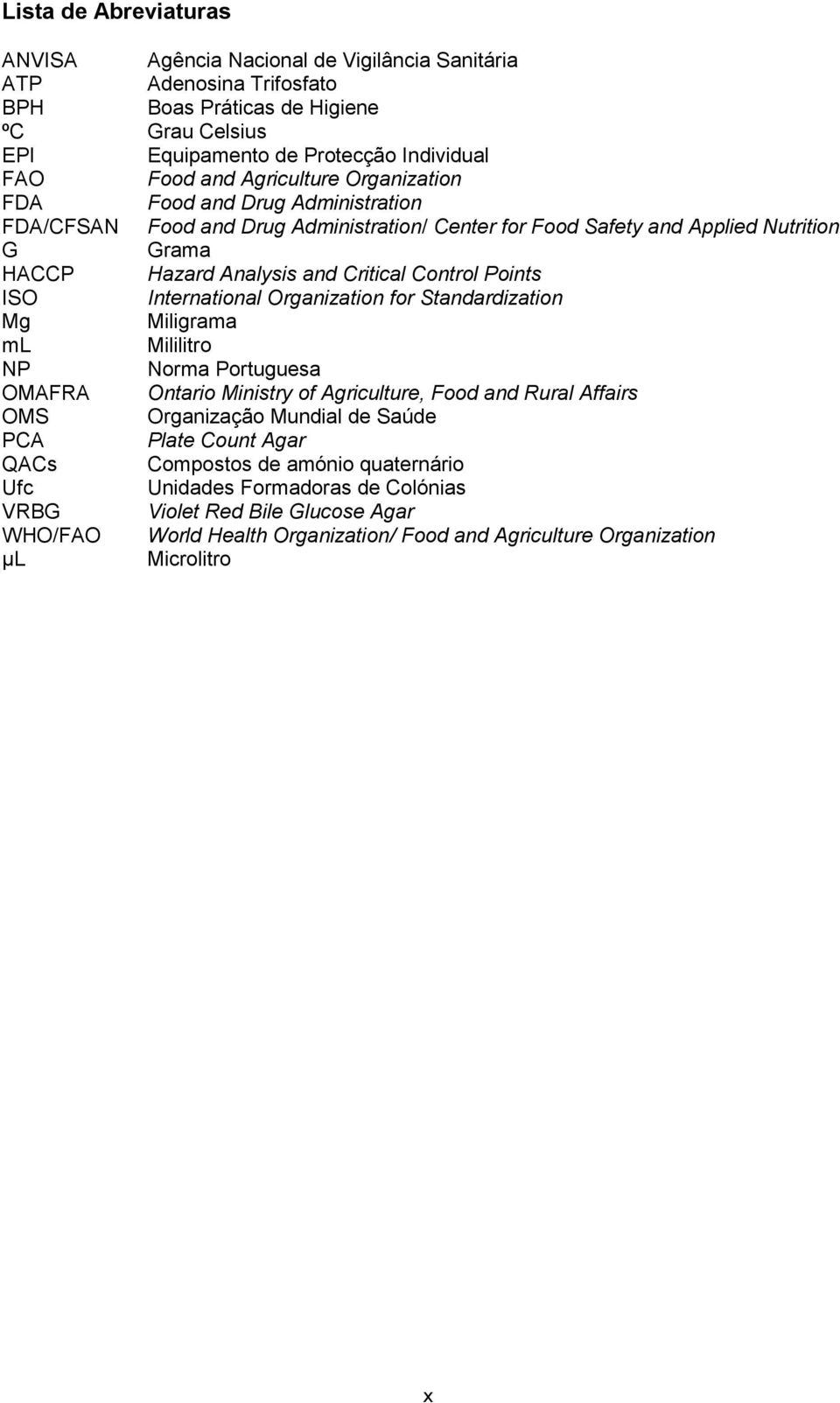 Points ISO International Organization for Standardization Mg Miligrama ml Mililitro NP Norma Portuguesa OMAFRA Ontario Ministry of Agriculture, Food and Rural Affairs OMS Organização Mundial de Saúde