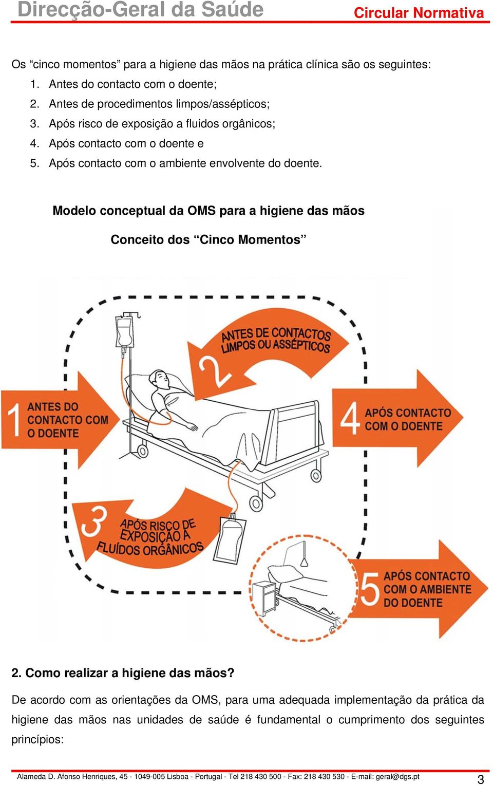 Modelo conceptual da OMS para a higiene das mãos Apresenta-se de seguida a figura que ilustra os 5 momentos para a higiene das mãos, de acordo com a proposta Conceito da OMS: dos Cinco Momentos 2.