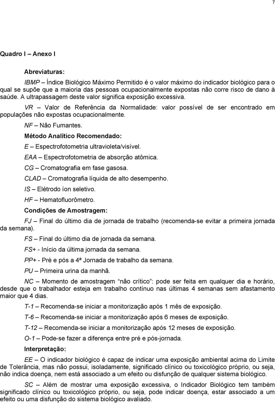 NF Não Fumantes. Método Analítico Recomendado: E Espectrofotometria ultravioleta/visível. EAA Espectrofotometria de absorção atômica. CG Cromatografia em fase gasosa.