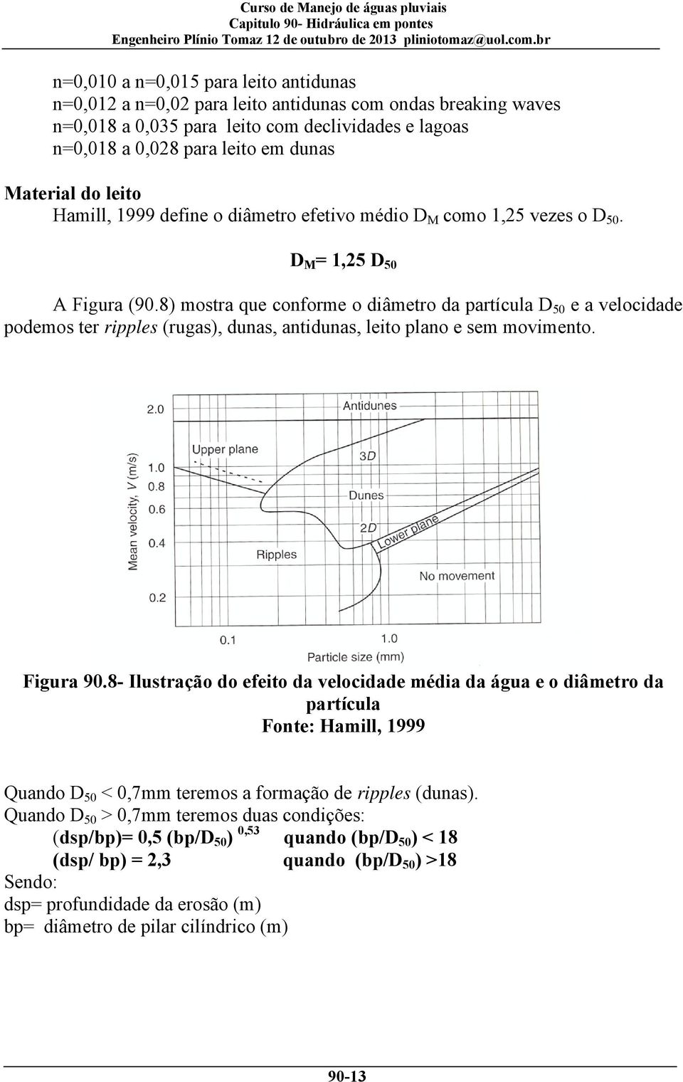 8) mostra que conforme o diâmetro da partícula D 50 e a velocidade podemos ter ripples (rugas), dunas, antidunas, leito plano e sem movimento. Figura 90.