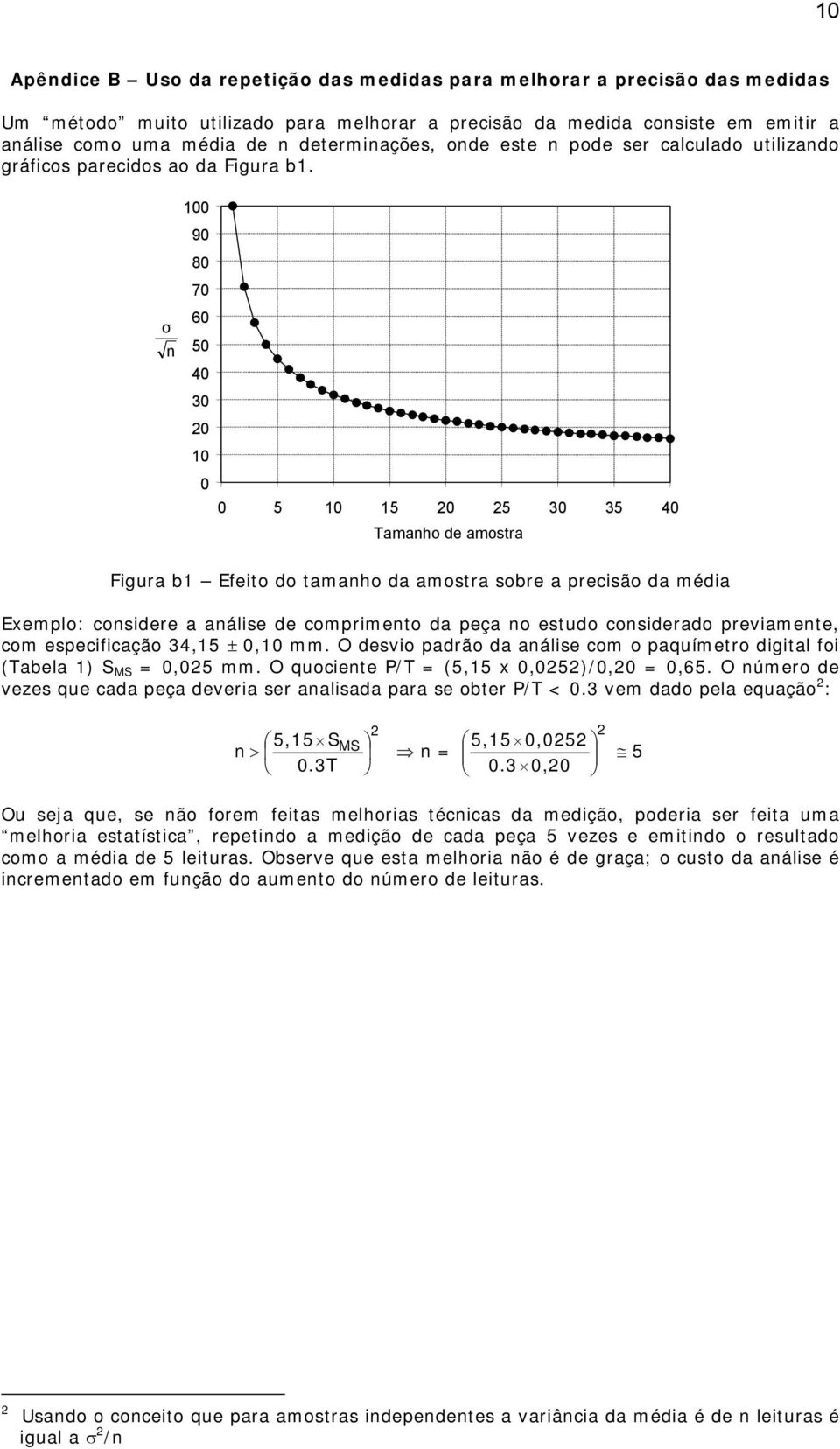 σ n 9 8 7 6 5 5 5 5 5 Tamanho de amostra Figura b Efeito do tamanho da amostra sobre a precisão da média Exemplo: considere a análise de comprimento da peça no estudo considerado previamente, com