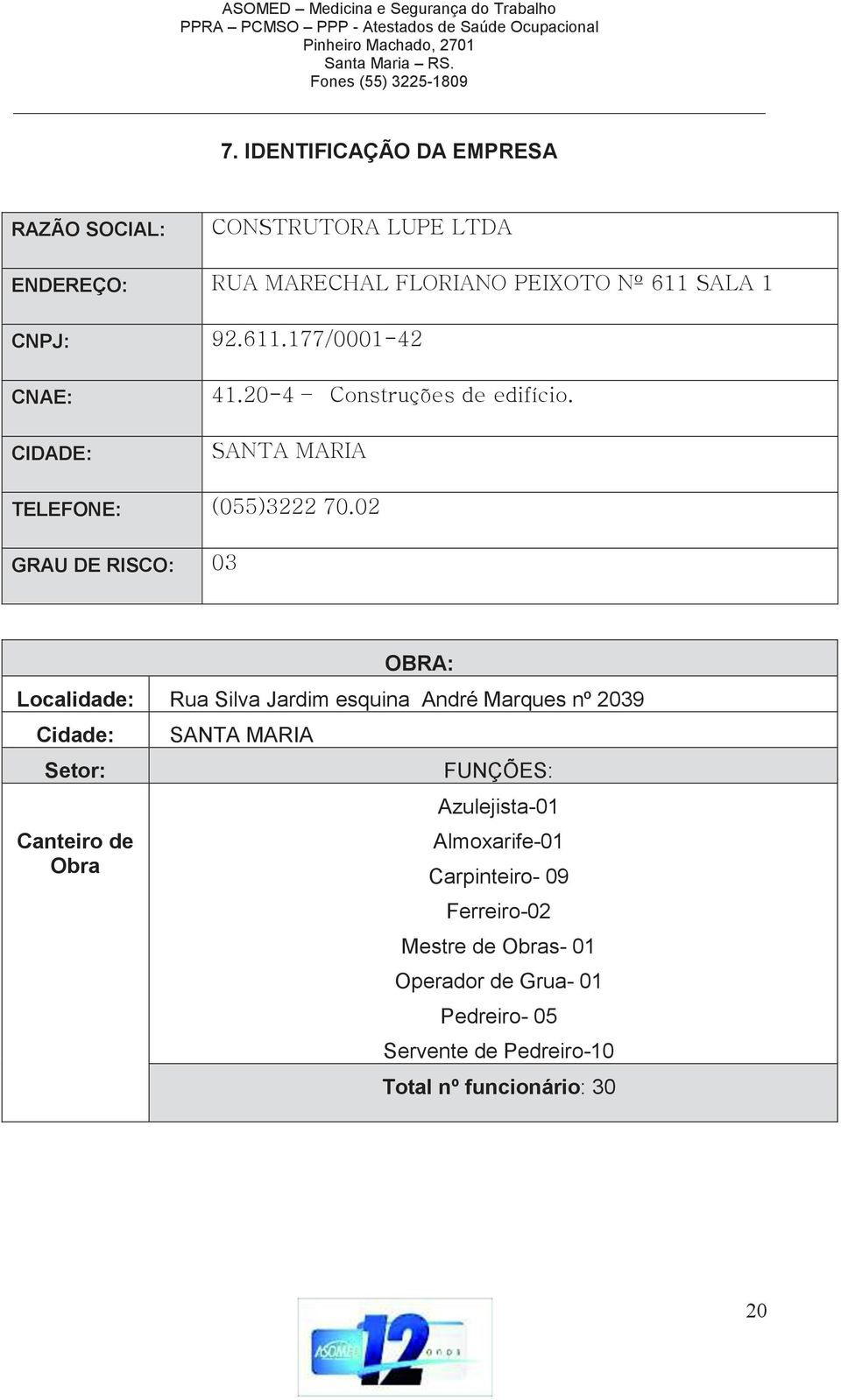 Canteiro de Obra SANTA MARIA FUNÇÕES: Azulejista-01 Almoxarife-01 Carpinteiro- 09 Ferreiro-02