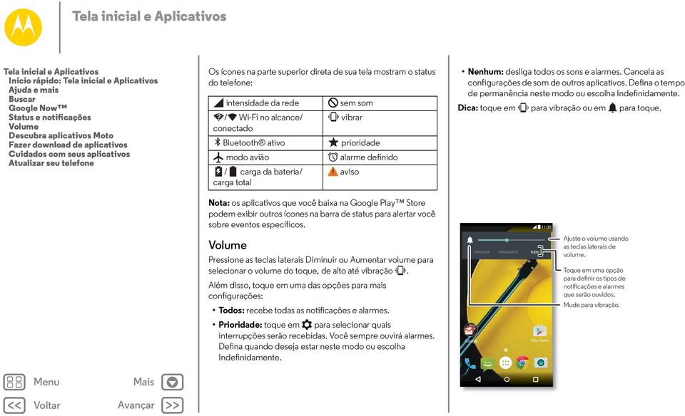 conectado Bluetooth ativo prioridade modo avião alarme definido / carga da bateria/ aviso carga total Nenhum: desliga todos os sons e alarmes. Cancela as configurações de som de outros aplicativos.