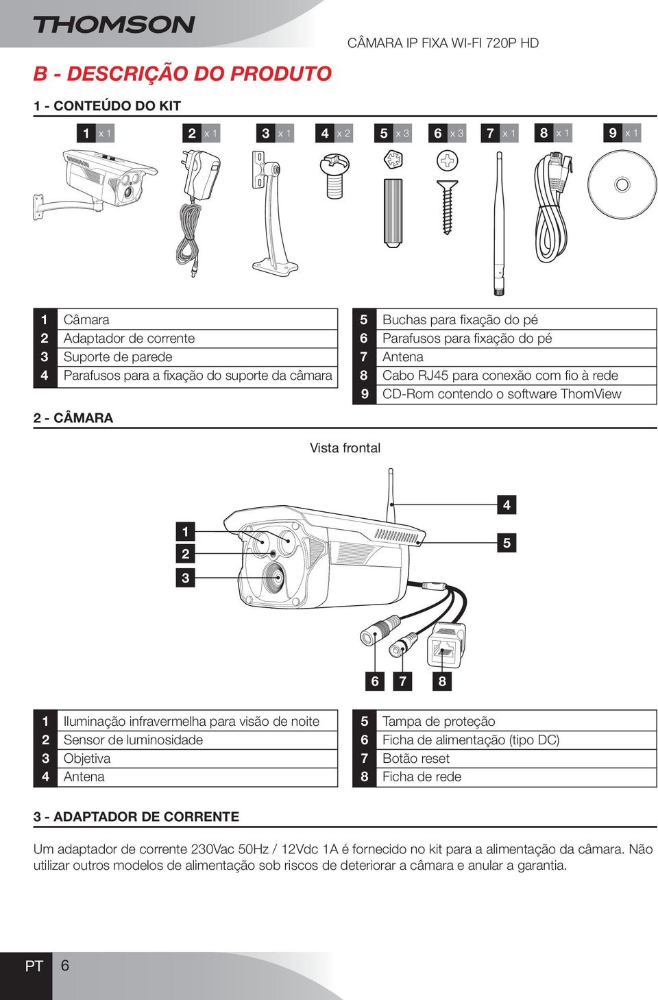 4 1 2 3 5 6 7 8 1 iluminação infravermelha para visão de noite 2 Sensor de luminosidade 3 Objetiva 4 Antena 5 Tampa de proteção 6 Ficha de alimentação (tipo DC) 7 Botão reset 8 Ficha de rede 3 -