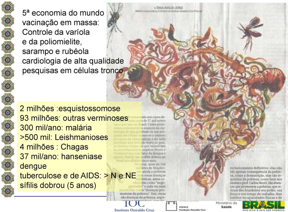 :esquistossomose 93 milhões: outras verminoses 300 mil/ano: malária >500 mil: