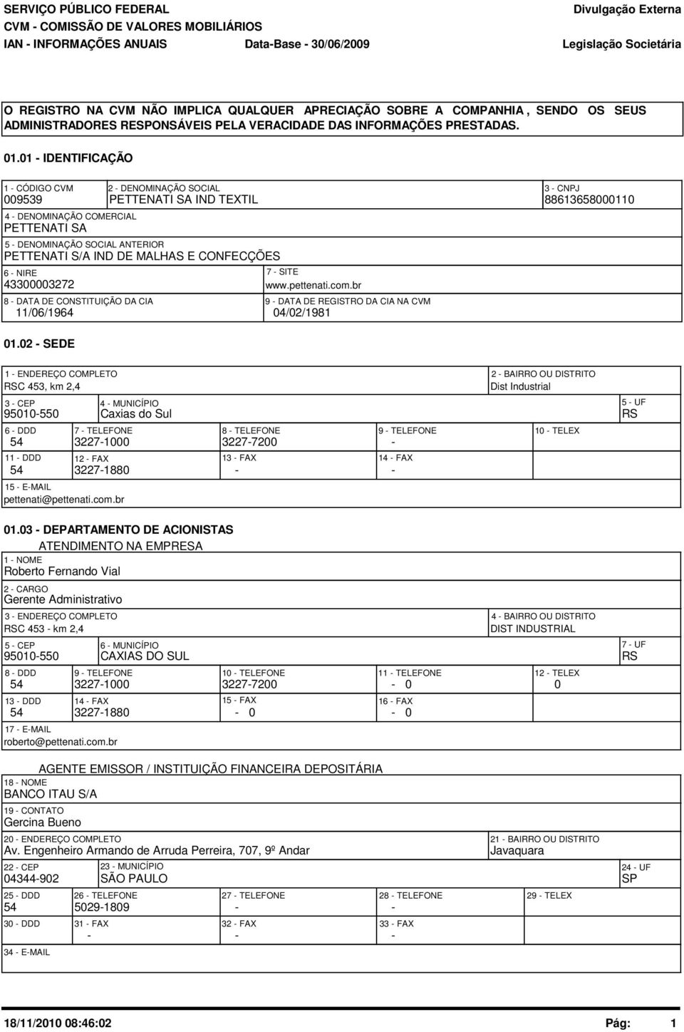 01 - IDENTIFICAÇÃO 1 - CÓDIGO CVM 009539 4 - DENOMINAÇÃO COMERCIAL PETTENATI SA 2 - DENOMINAÇÃO SOCIAL 3 - CNPJ PETTENATI SA IND TEXTIL 88613658000110 5 - DENOMINAÇÃO SOCIAL ANTERIOR PETTENATI S/A