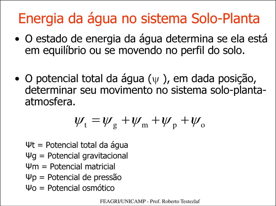 O potencial total da água ( ), em dada posição, determinar seu movimento no sistema