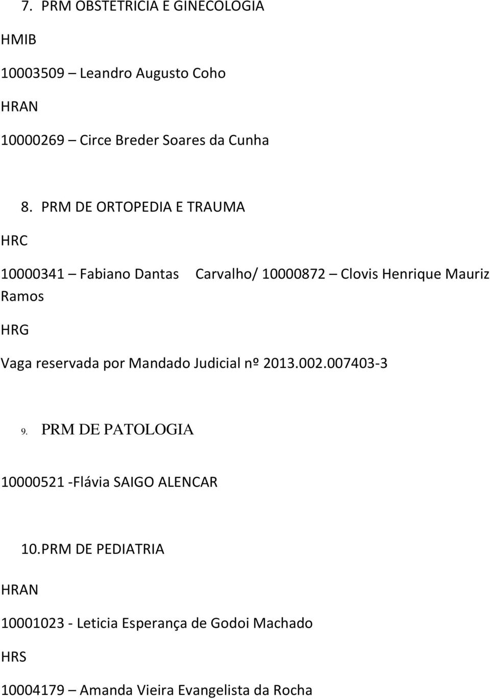 PRM DE ORTOPEDIA E TRAUMA 10000341 Fabiano Dantas Carvalho/ 10000872 Clovis Henrique Mauriz Ramos HRG Vaga