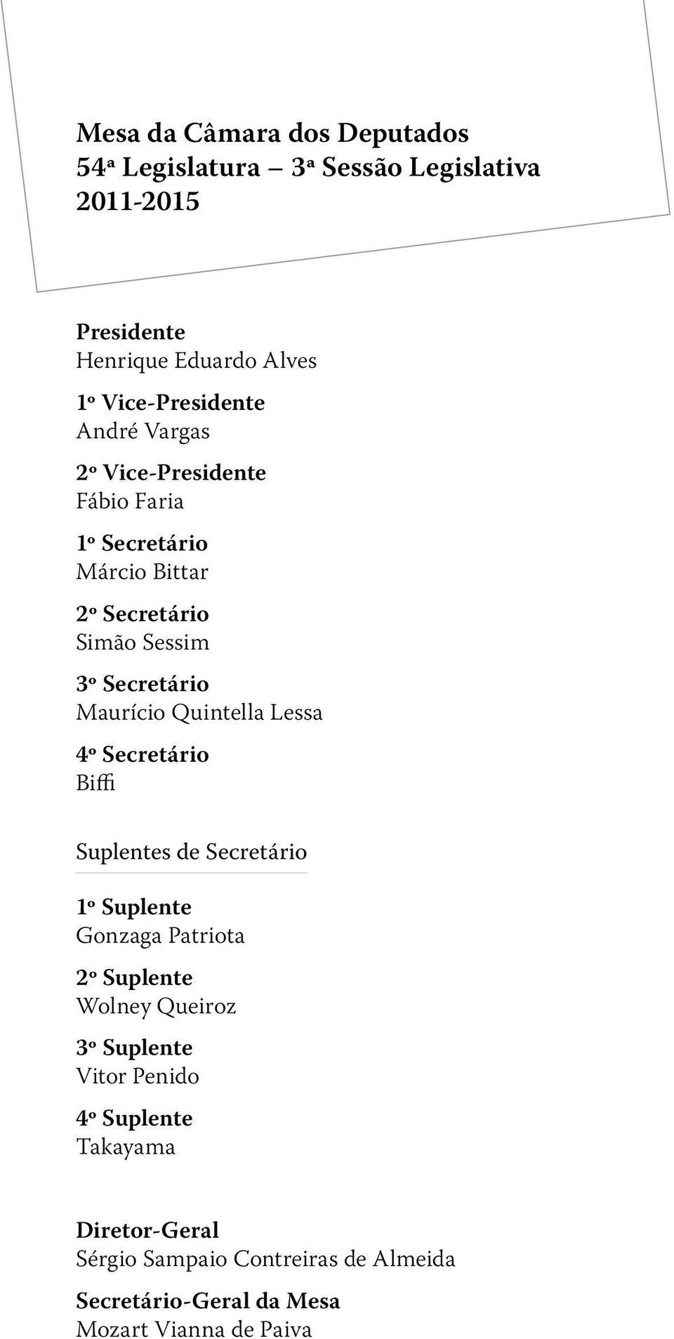 Secretário Maurício Quintella Lessa 4º Secretário Biffi Suplentes de Secretário 1º Suplente Gonzaga Patriota 2º Suplente Wolney