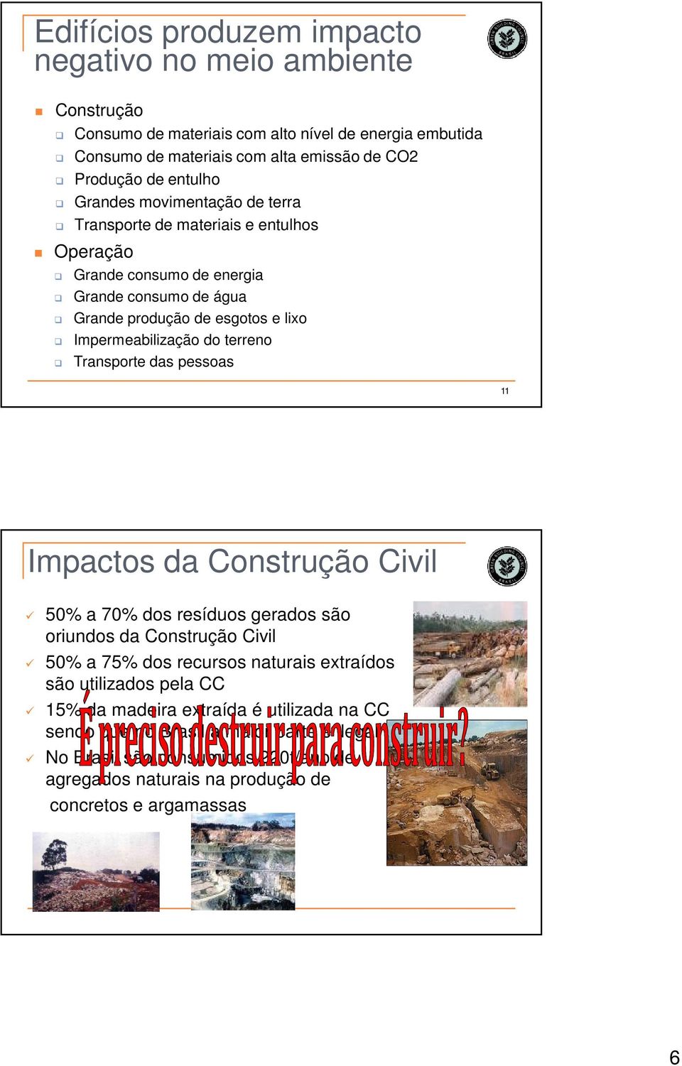 do terreno Transporte das pessoas 11 Impactos da Construção Civil 50% a 70% dos resíduos gerados são oriundos da Construção Civil 50% a 75% dos recursos naturais extraídos são