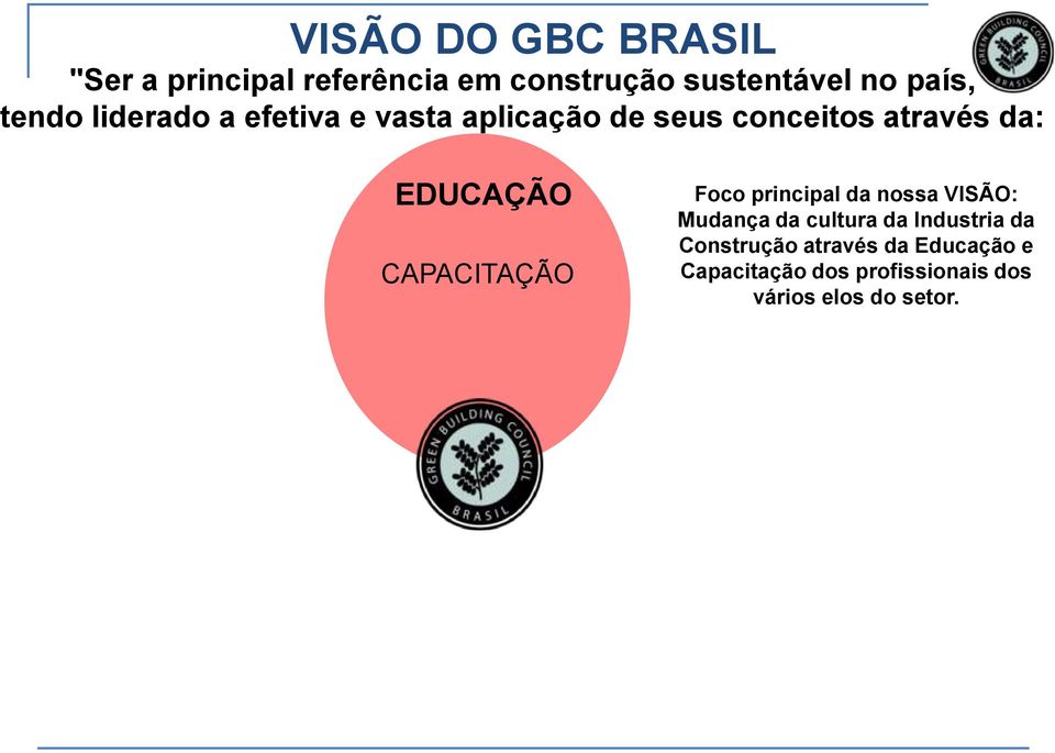 CAPACITAÇÃO Foco principal da nossa VISÃO: Mudança da cultura da Industria da