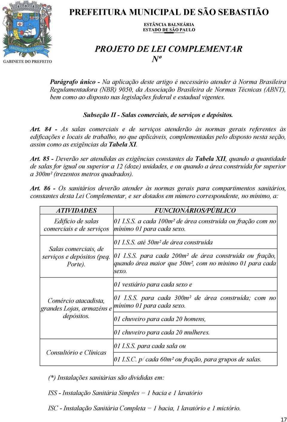 84 - As salas comerciais e de serviços atenderão às normas gerais referentes às edificações e locais de trabalho, no que aplicáveis, complementadas pelo disposto nesta seção, assim como as exigências