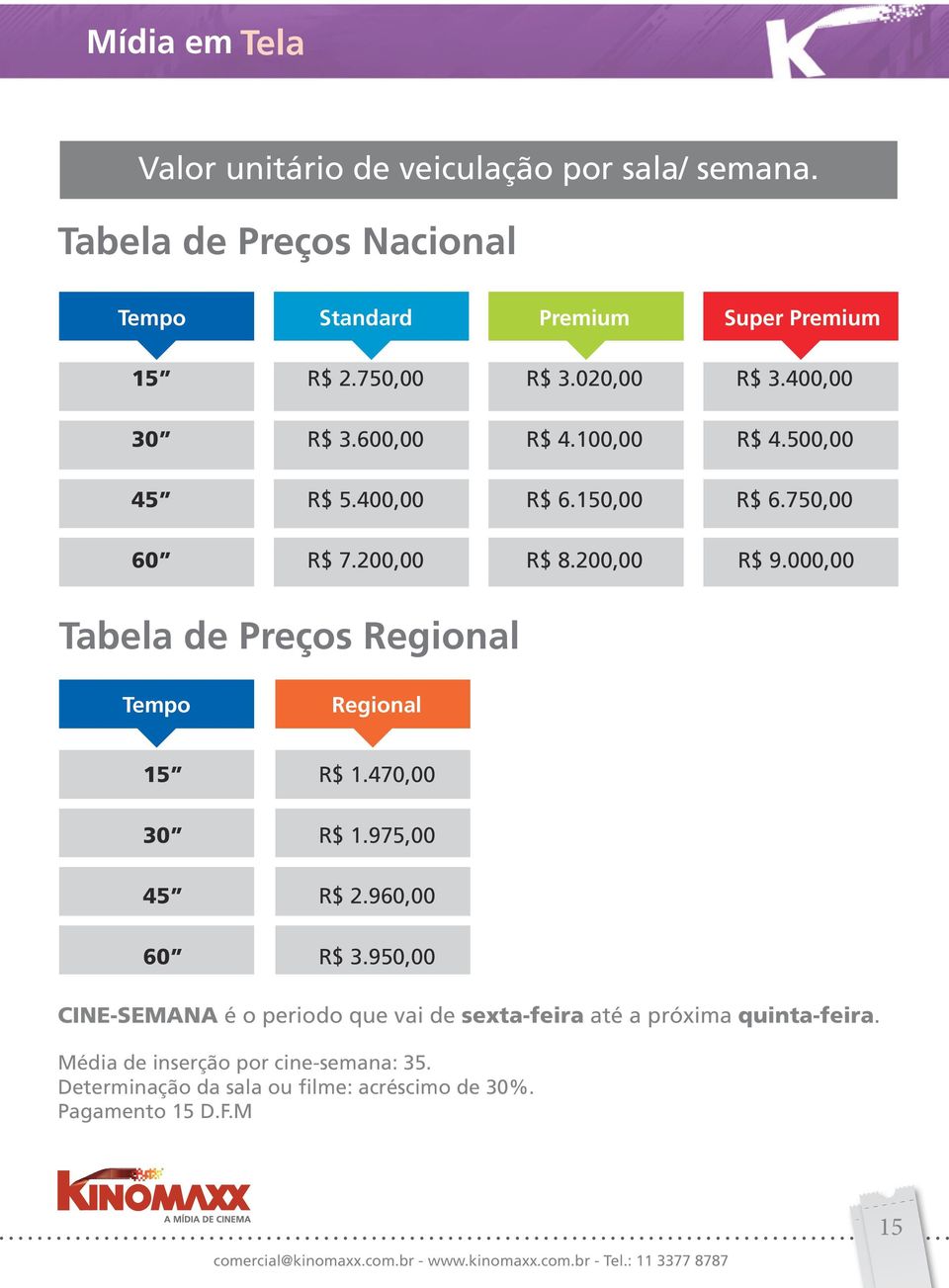 000,00 Tabela de Preços Regional Tempo Regional 15 R$ 1.470,00 30 R$ 1.975,00 45 R$ 2.960,00 60 R$ 3.