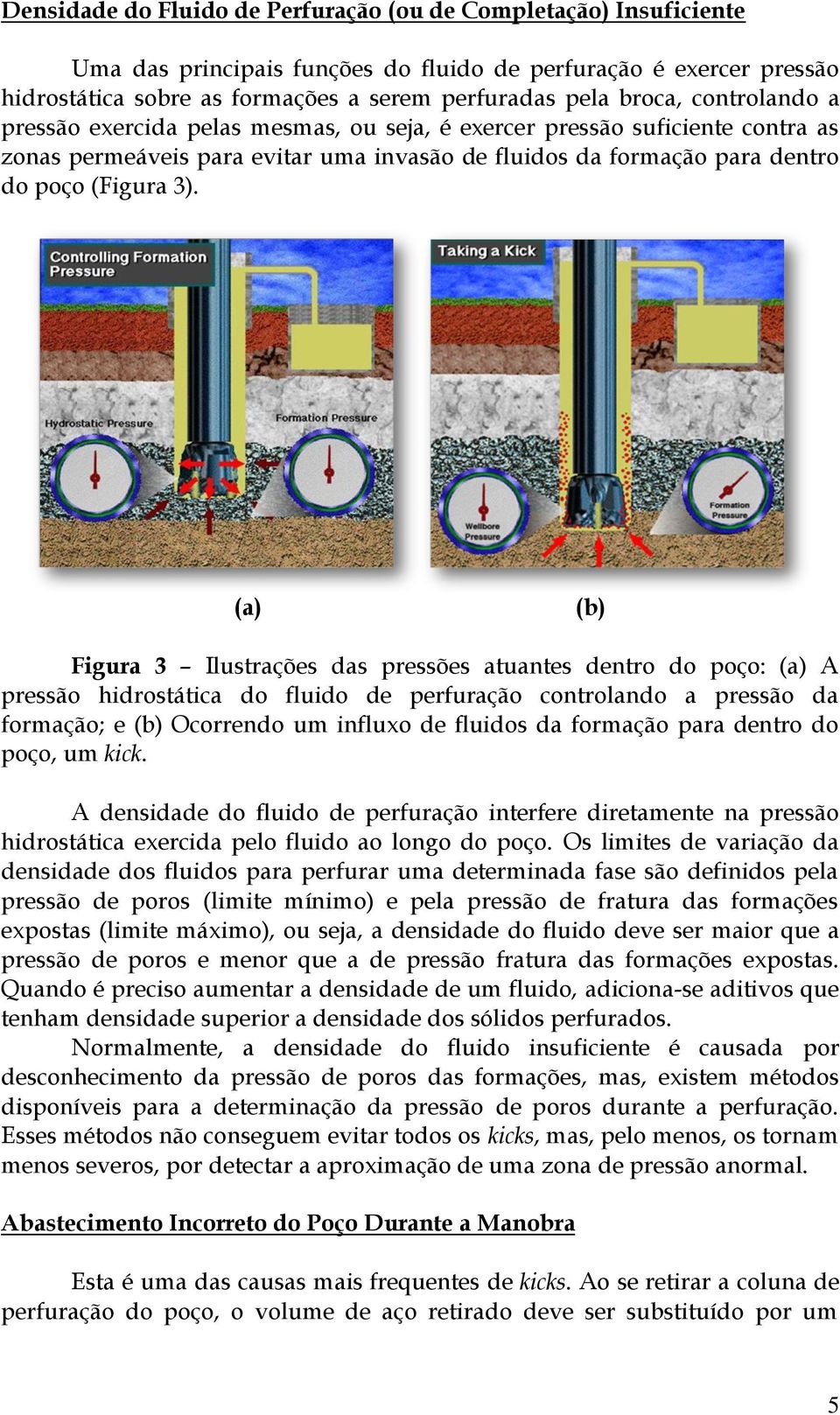 (a) (b) Figura 3 Ilustrações das pressões atuantes dentro do poço: (a) A pressão hidrostática do fluido de perfuração controlando a pressão da formação; e (b) Ocorrendo um influxo de fluidos da