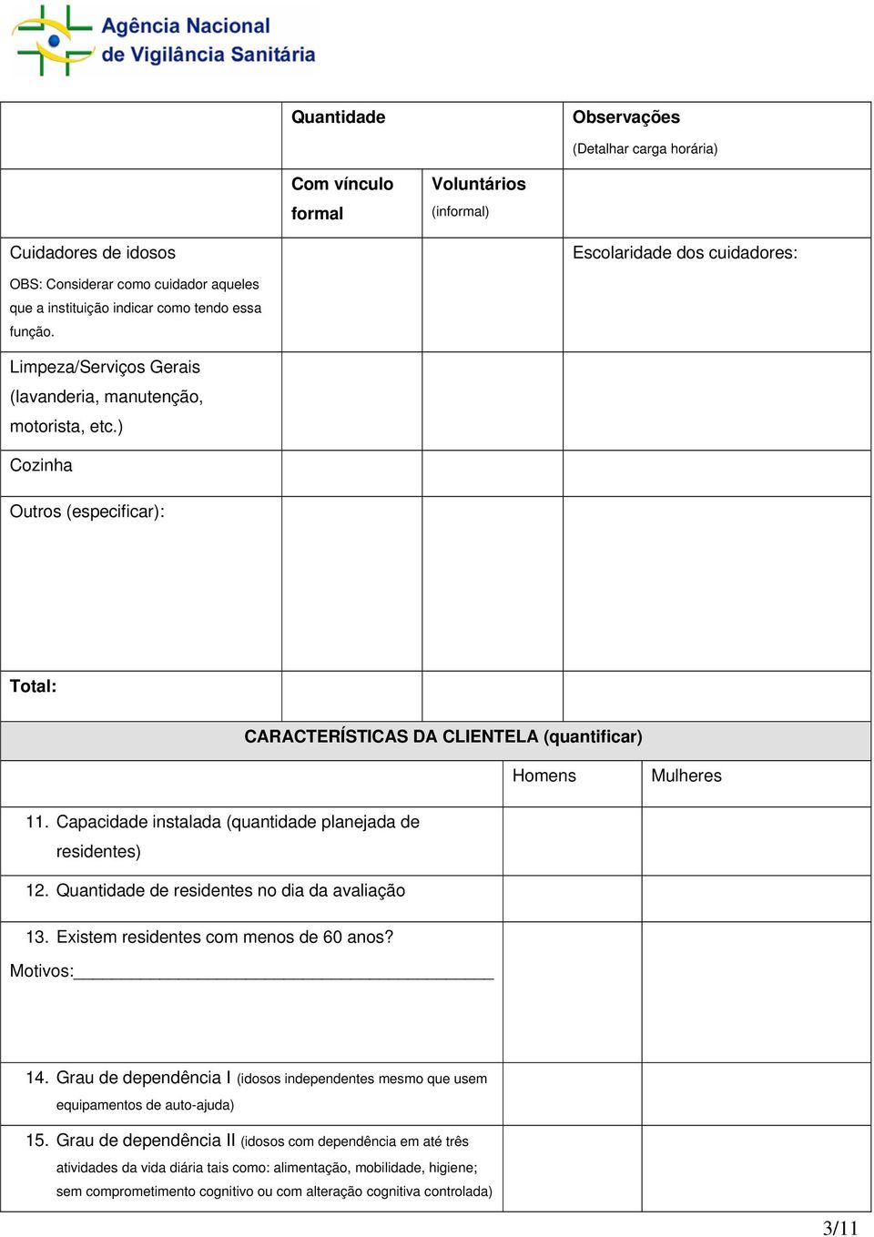 Capacidade instalada (quantidade planejada de residentes) 12. Quantidade de residentes no dia da avaliação 13. Existem residentes com menos de 60 anos? Motivos: 14.