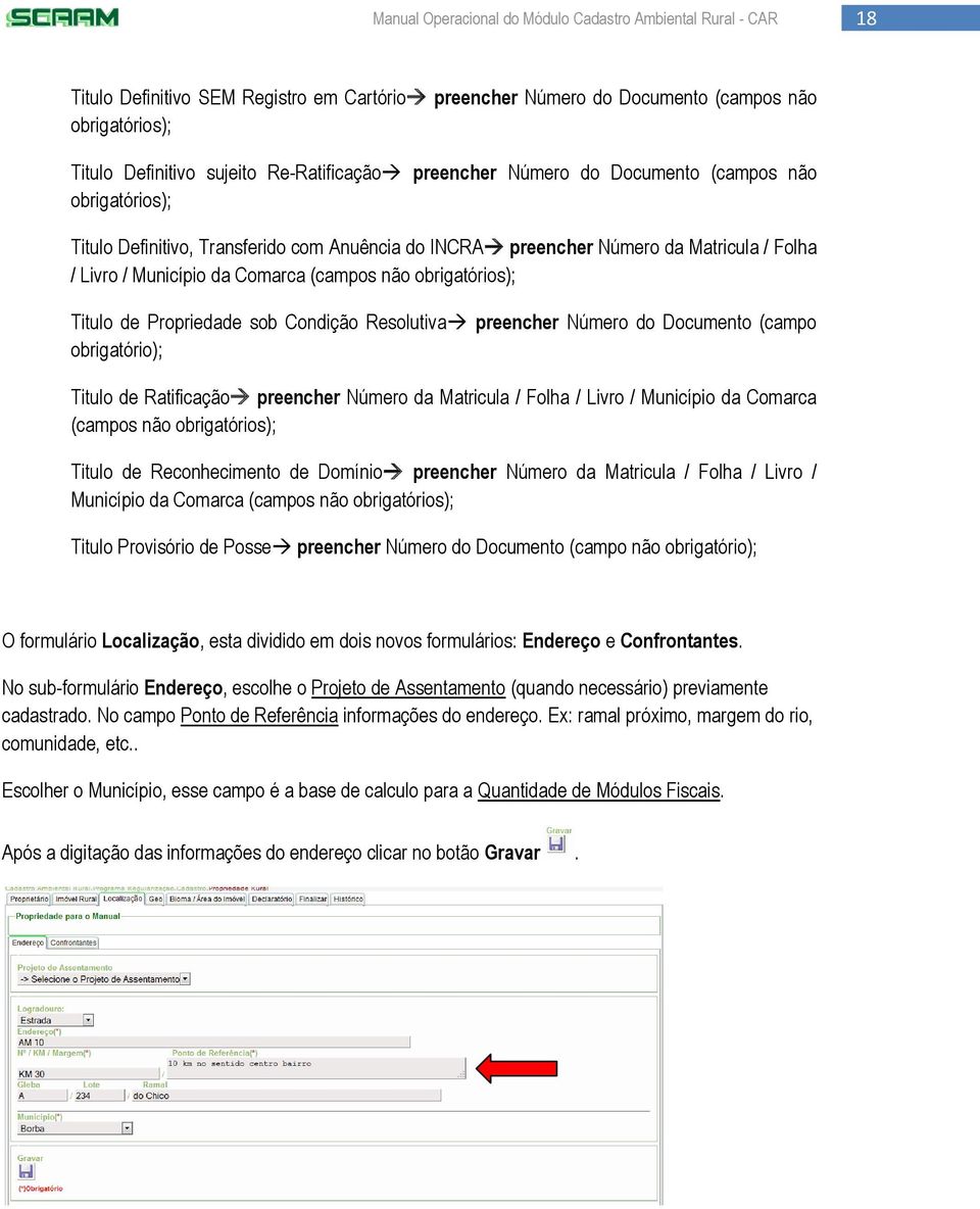 Resolutiva preencher Número do Documento (campo obrigatório); Titulo de Ratificação preencher Número da Matricula / Folha / Livro / Município da Comarca (campos não obrigatórios); Titulo de