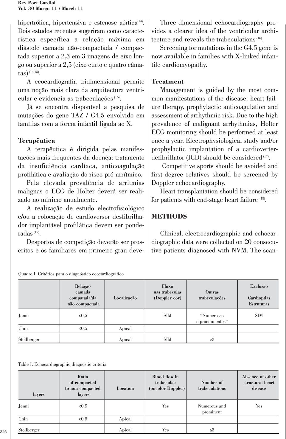 e quatro câmaras) (14,15). A ecocardiografia tridimensional permite uma noção mais clara da arquitectura ventricular e evidencia as trabeculações (16).