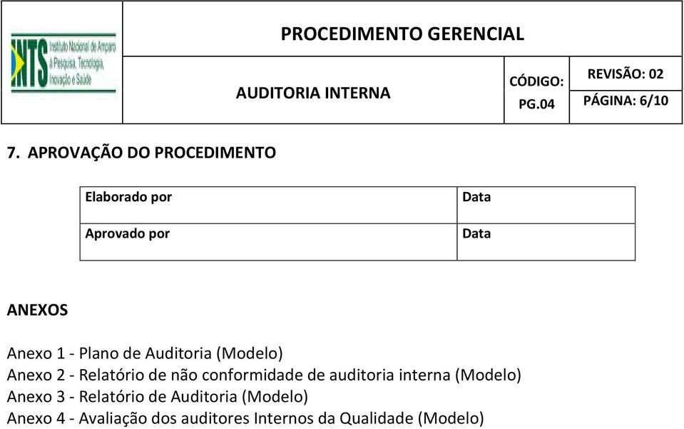 Anexo 1 - Plano de Auditoria (Modelo) Anexo 2 - Relatório de não
