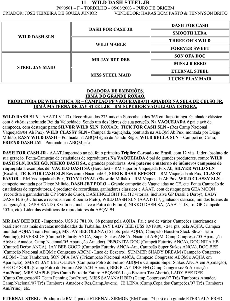 PRODUTORA DE WILD CHICA JR CAMPEÃO PF VAQUEJADA/11 AMADOR NA SELA DE CELSO JR. IRMÃ MATERNA DE JAY STEEL JR RM SUPERIOR VAQUEJADA ESTEIRA. WILD DASH SLN - AAAT I.V 117). Recordista dos 275 mts.