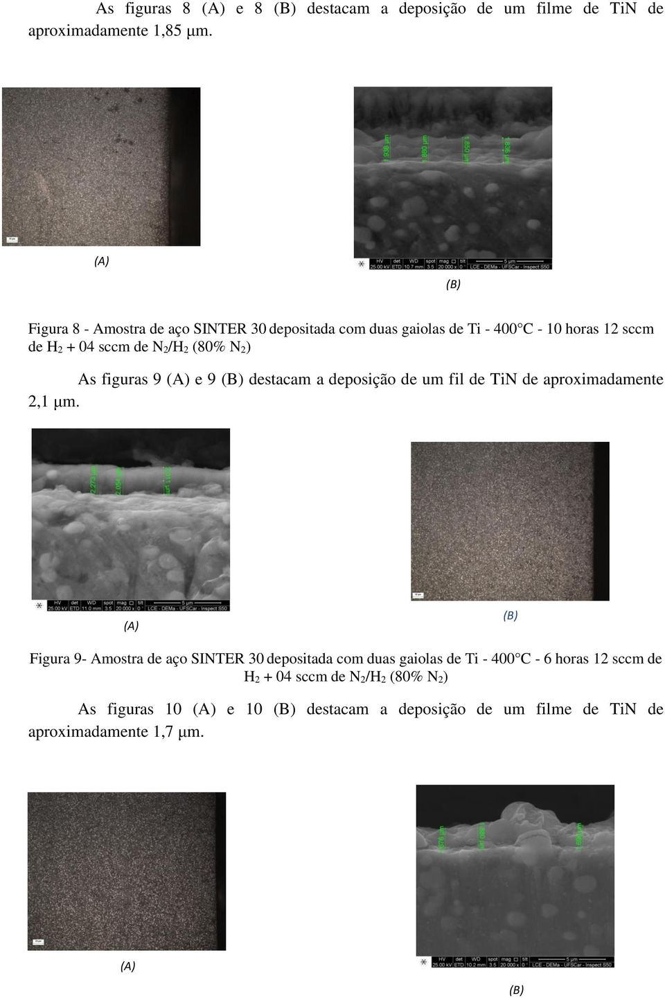 2) As figuras 9 (A) e 9 (B) destacam a deposição de um fil de TiN de aproximadamente 2,1 μm.