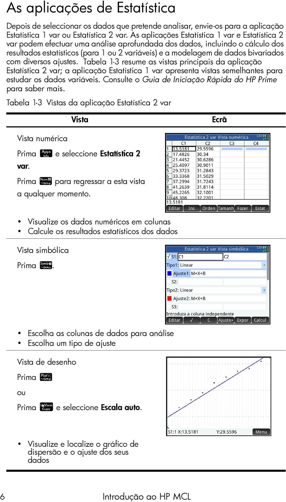 bivariados com diversos ajustes. Tabela 1-3 resume as vistas principais da aplicação Estatística 2 var; a aplicação Estatística 1 var apresenta vistas semelhantes para estudar os dados variáveis.