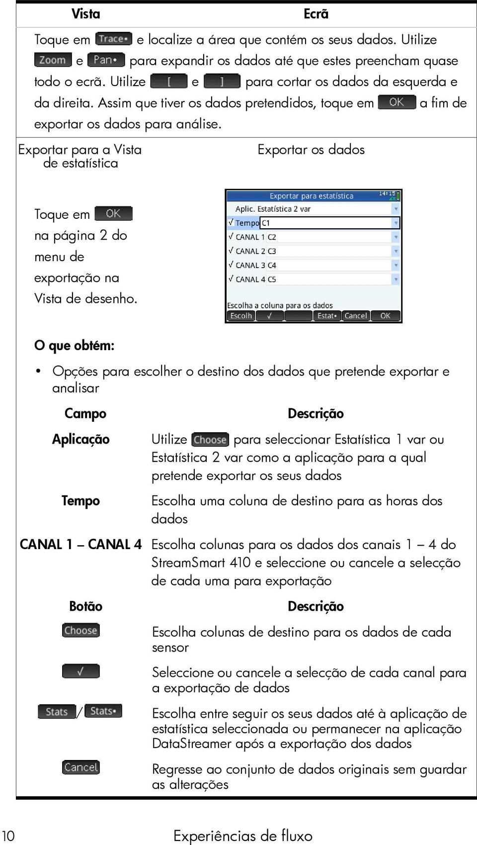 Exportar para a Vista de estatística Ecrã Exportar os dados Toque em na página 2 do menu de exportação na Vista de desenho.