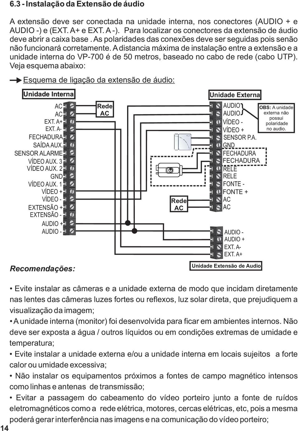 A distancia máxima de instalação entre a extensão e a unidade interna do VP-700 é de 50 metros, baseado no cabo de rede (cabo UTP).