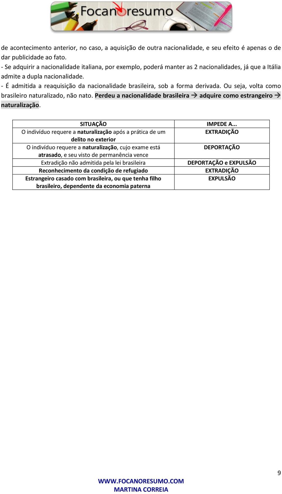 - É admitida a reaquisição da nacionalidade brasileira, sob a forma derivada. Ou seja, volta como brasileiro naturalizado, não nato.