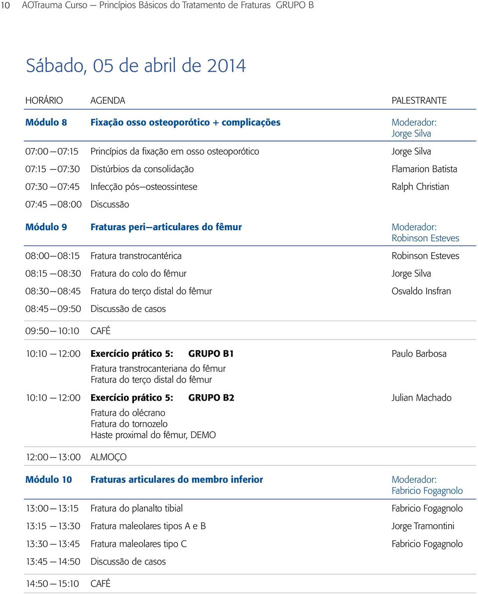 Discussão Módulo 9 Fraturas peri articulares do fêmur Moderador: Robinson Esteves 08:00 08:15 Fratura transtrocantérica Robinson Esteves 08:15 08:30 Fratura do colo do fêmur Jorge Silva 08:30 08:45