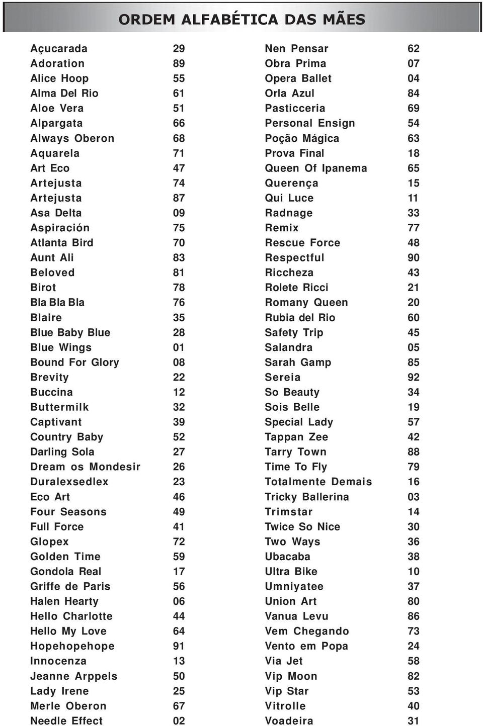 Sola 27 Dream os Mondesir 26 Duralexsedlex 23 Eco Art 46 Four Seasons 49 Full Force 41 Glopex 72 Golden Time 59 Gondola Real 17 Griffe de Paris 56 Halen Hearty 06 Hello Charlotte 44 Hello My Love 64