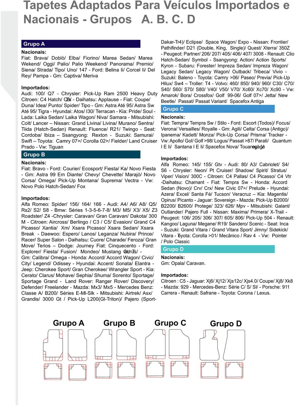 Pampa - Gm: Captiva/ Meriva Importados: Audi: 100/ Q7 - Chrysler: Pick-Up Ram 2500 Heavy Duty Citroen: C4 Hatch/ C8/ Zx - Daihatsu: Applause - Fiat: Coupe/ Duna/ Idea/ Punto/ Spider/ Tipo - Gm: Astra