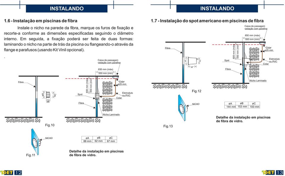 - Instalação do spot americano em piscinas de fibra Fibra øa øb Spot Fibra vedação com parafina ø25 mm Eletroduto ou PVC Fibra øa øb Spot Fibra ø25 mm Eletroduto ou PVC Fig.