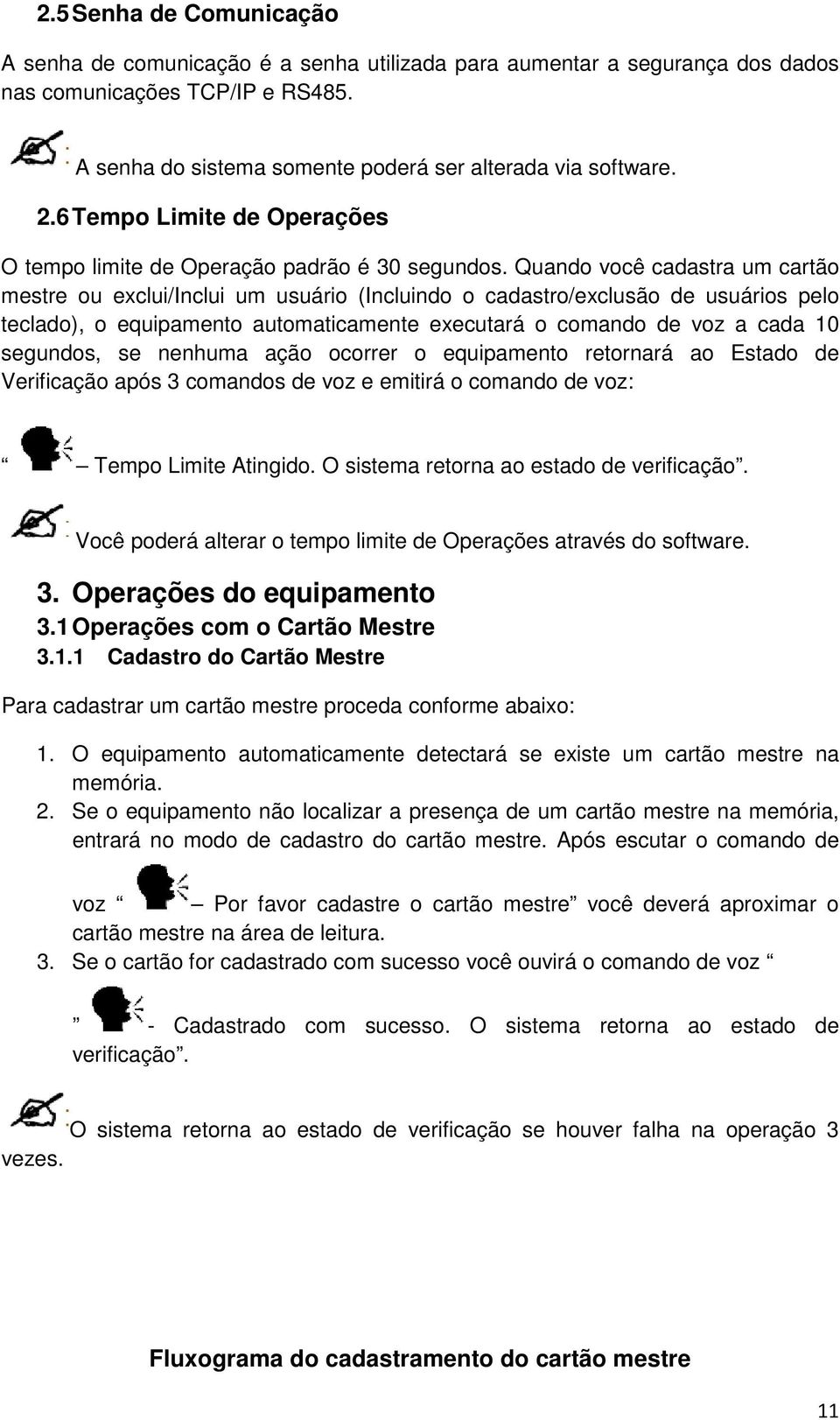 Quando você cadastra um cartão mestre ou exclui/inclui um usuário (Incluindo o cadastro/exclusão de usuários pelo teclado), o equipamento automaticamente executará o comando de voz a cada 10