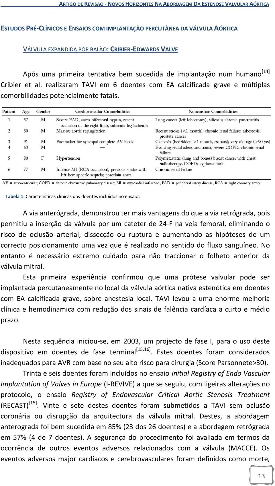 Tabela 1: Características clínicas dos doentes incluídos no ensaio; A via anterógrada, demonstrou ter mais vantagens do que a via retrógrada, pois permitiu a inserção da válvula por um cateter de