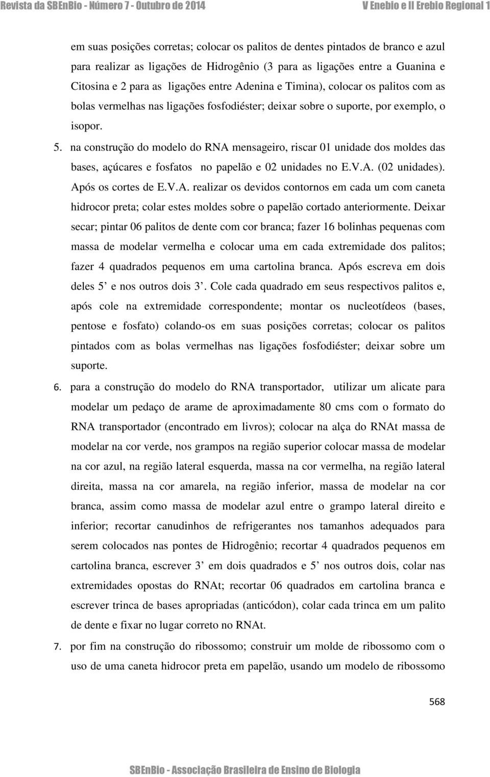 na construção do modelo do RNA mensageiro, riscar 01 unidade dos moldes das bases, açúcares e fosfatos no papelão e 02 unidades no E.V.A. (02 unidades). Após os cortes de E.V.A. realizar os devidos contornos em cada um com caneta hidrocor preta; colar estes moldes sobre o papelão cortado anteriormente.