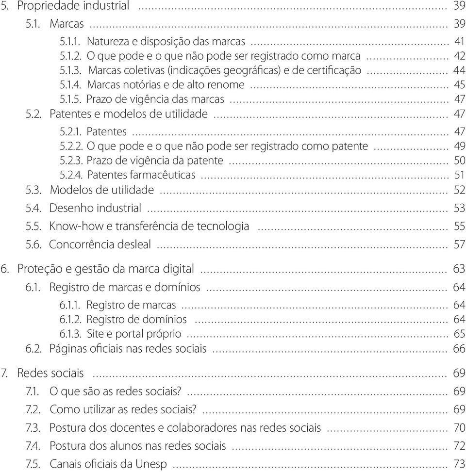 2.3. Prazo de vigência da patente 50 5.2.4. Patentes farmacêuticas 51 5.3. Modelos de utilidade 52 5.4. Desenho industrial 53 5.5. Know-how e transferência de tecnologia 55 5.6.