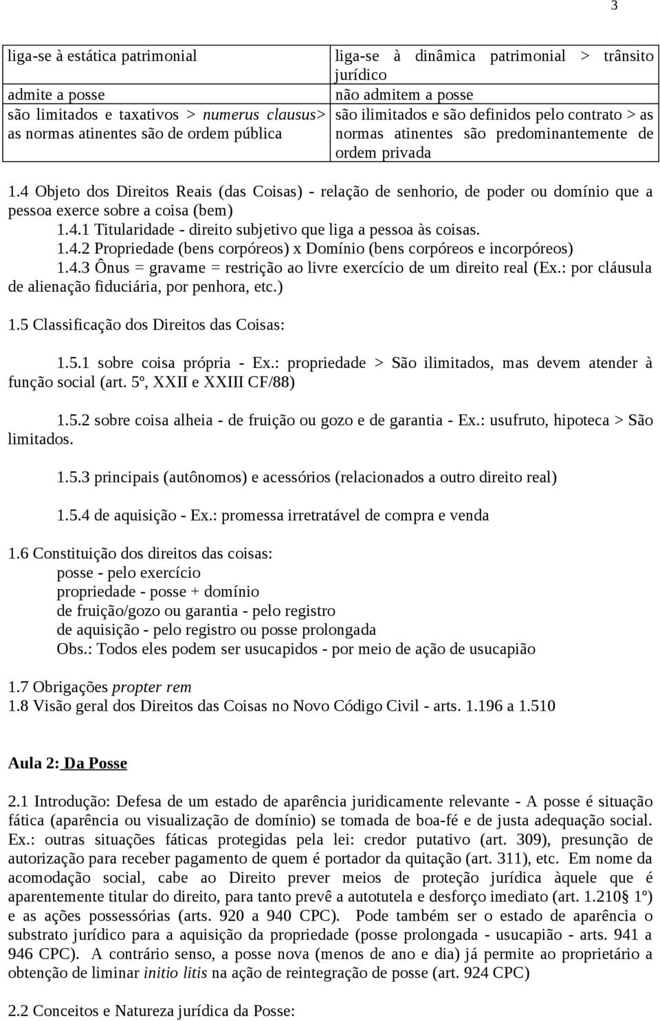 4 Objeto dos Direitos Reais (das Coisas) - relação de senhorio, de poder ou domínio que a pessoa exerce sobre a coisa (bem) 1.4.1 Titularidade - direito subjetivo que liga a pessoa às coisas. 1.4.2 Propriedade (bens corpóreos) x Domínio (bens corpóreos e incorpóreos) 1.