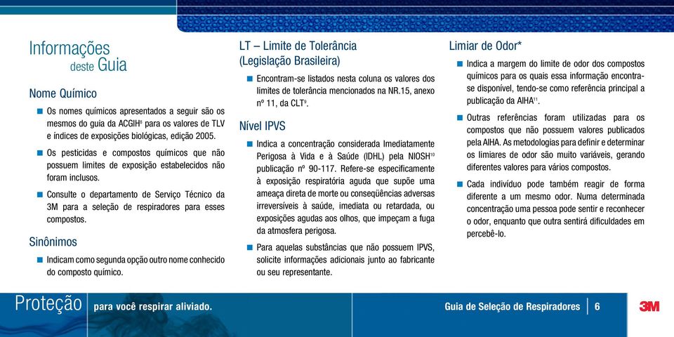 Consulte o departamento de Serviço Técnico da 3M para a seleção de respiradores para esses compostos. Indicam como segunda opção outro nome conhecido do composto químico.