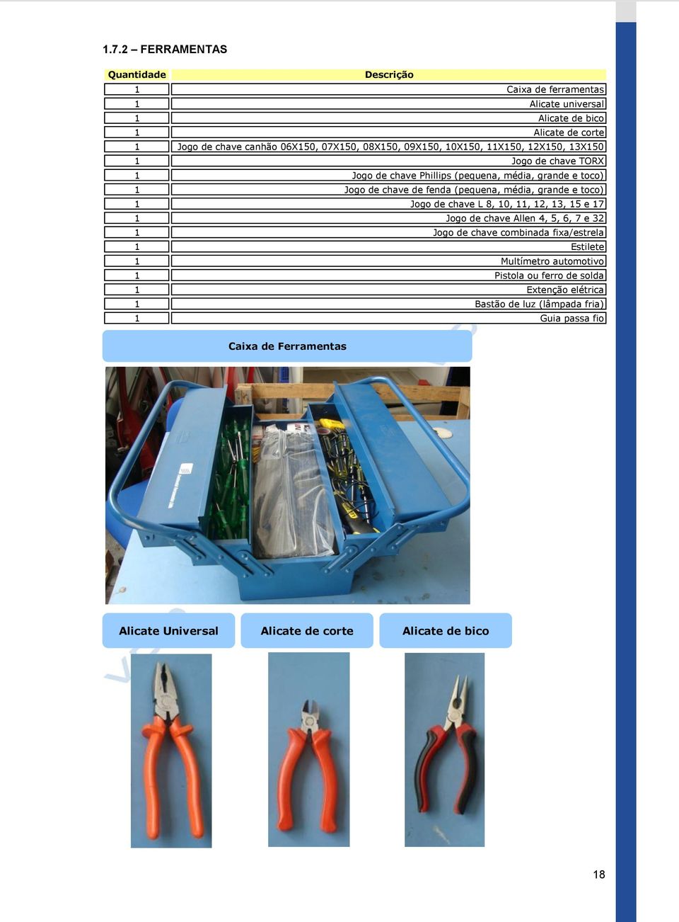 e toco) 1 Jogo de chave L 8, 10, 11, 12, 13, 15 e 17 1 Jogo de chave Allen 4, 5, 6, 7 e 32 1 Jogo de chave combinada fixa/estrela 1 Estilete 1 Multímetro automotivo 1