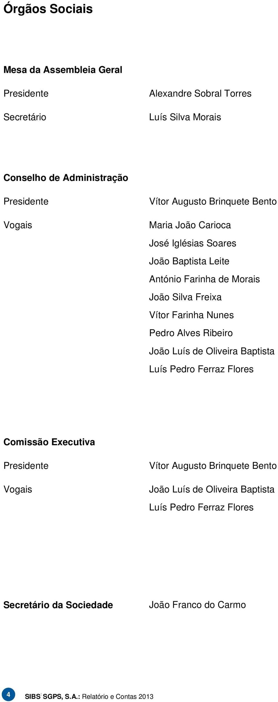 Farinha Nunes Pedro Alves Ribeiro João Luís de Oliveira Baptista Luís Pedro Ferraz Flores Comissão Executiva Presidente Vogais Vítor Augusto