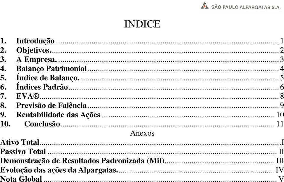 Rentabilidade das Ações... 10 10. Conclusão... 11 Anexos Ativo Total...I Passivo Total.