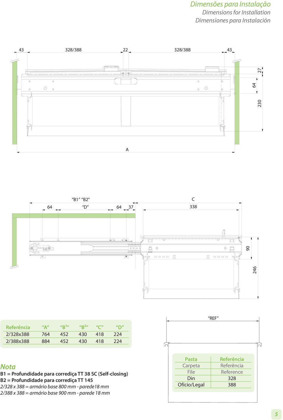 Profundidade para corrediça TT 38 SC (Self-closing) B2 = Profundidade para corrediça TT 145 2/328 x 388 = armário base