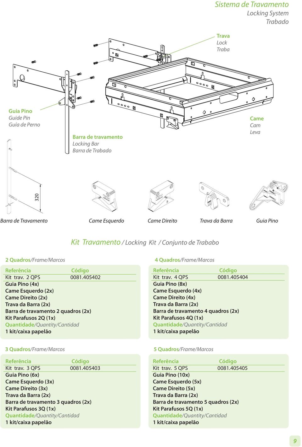 405402 Guia Pino (4x) Came Esquerdo (2x) Came Direito (2x) Trava da Barra (2x) Barra de travamento 2 quadros (2x) Kit Parafusos 2Q (1x) Quantidade/Quantity/Cantidad 1 kit/caixa papelão 4