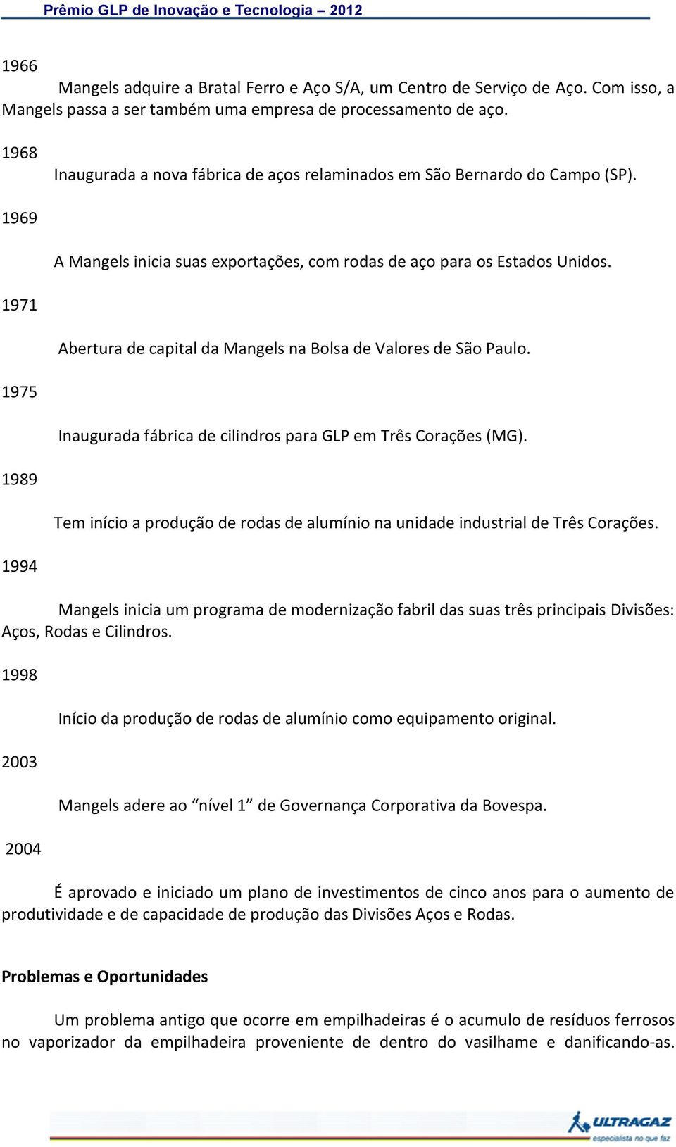 1971 Abertura de capital da Mangels na Bolsa de Valores de São Paulo. 1975 Inaugurada fábrica de cilindros para GLP em Três Corações (MG).