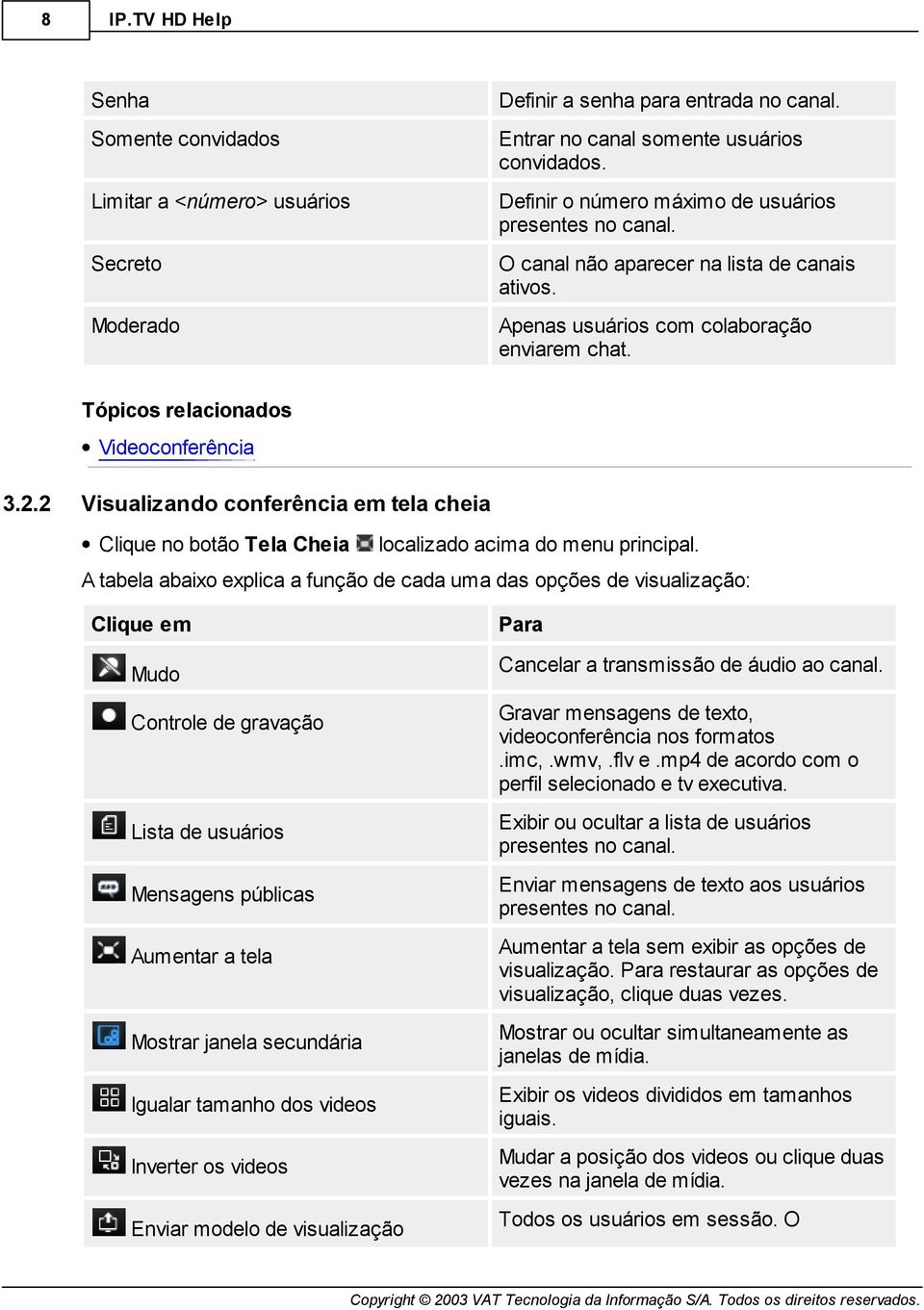 Cheia localizado acima do menu principal A tabela abaixo explica a função de cada uma das opções de visualização: Clique em Para Mudo Cancelar a transmissão de áudio ao canal Controle de gravação