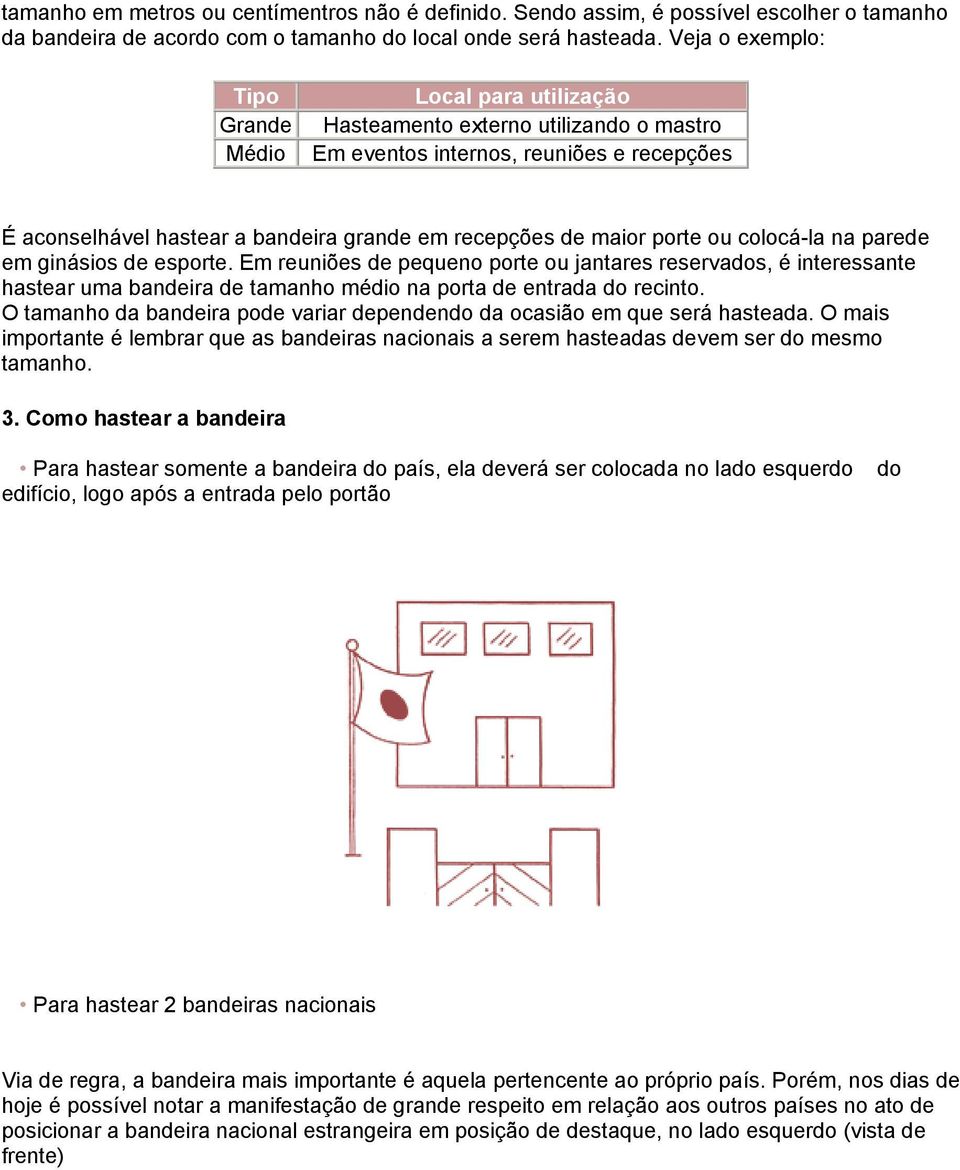 maior porte ou colocá-la na parede em ginásios de esporte. Em reuniões de pequeno porte ou jantares reservados, é interessante hastear uma bandeira de tamanho médio na porta de entrada do recinto.